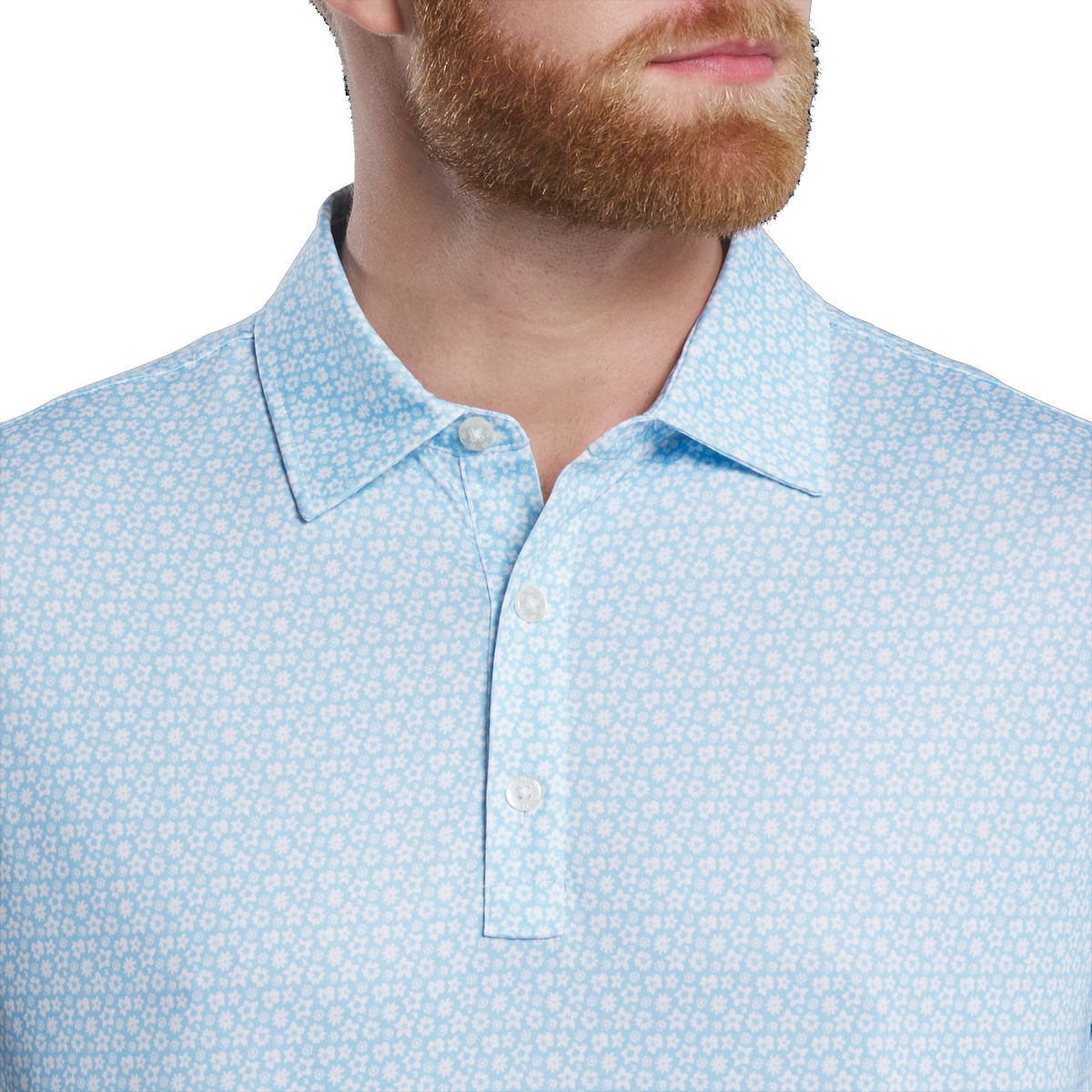Men's golf polo shirt with blue star and flower prints