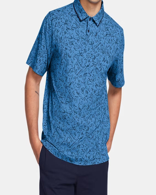 Men's navy blue petal-printed golf polo shirt