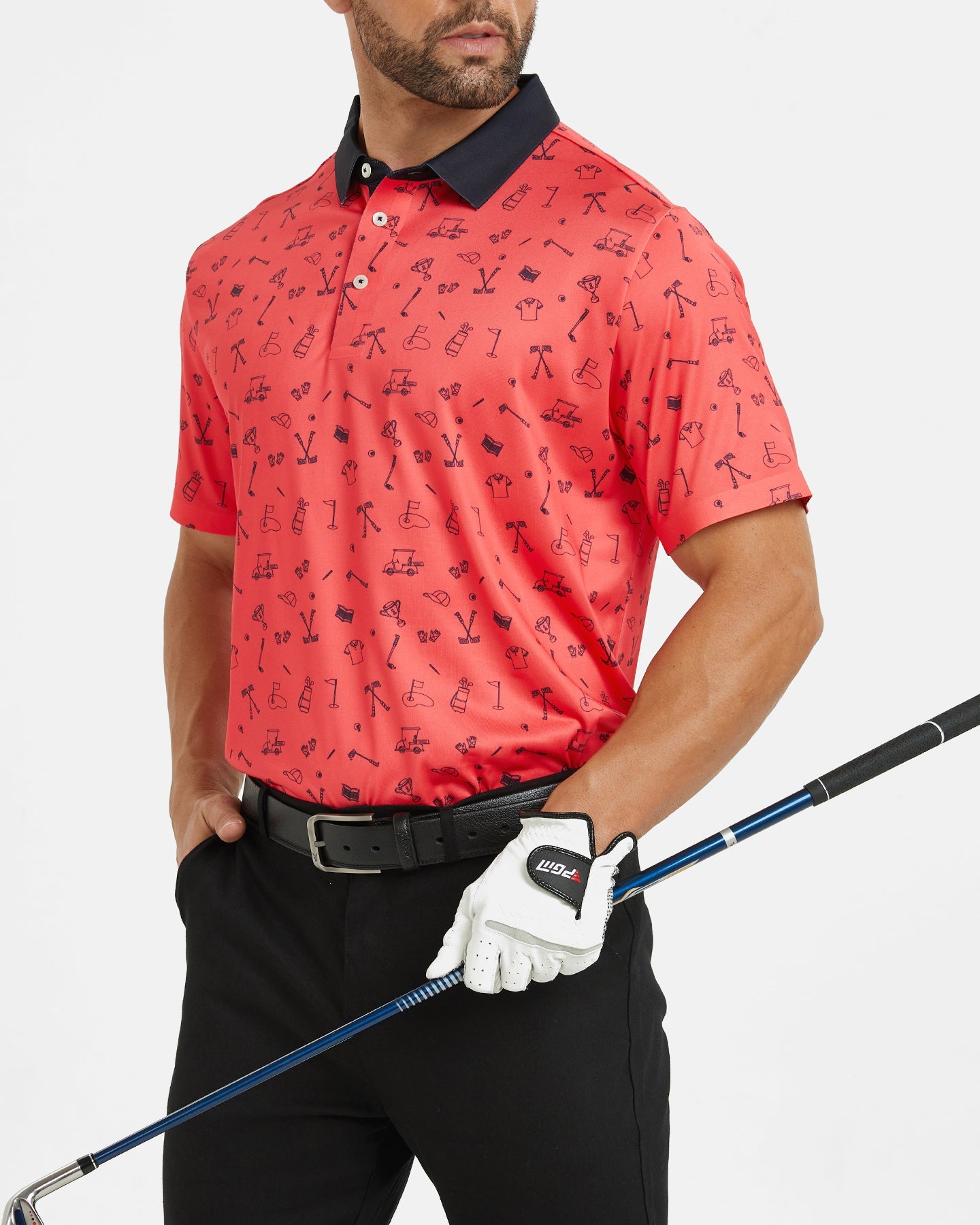 Men's red polo shirt with golf element prints
