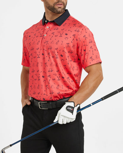 Men's red polo shirt with golf element prints