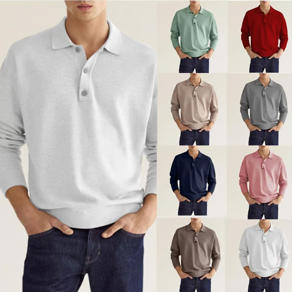 Men's Light Grey Long-Sleeve Polo Sweater