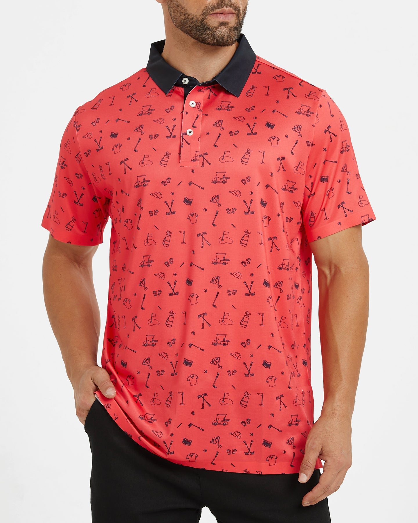 Men's red polo shirt with golf element prints