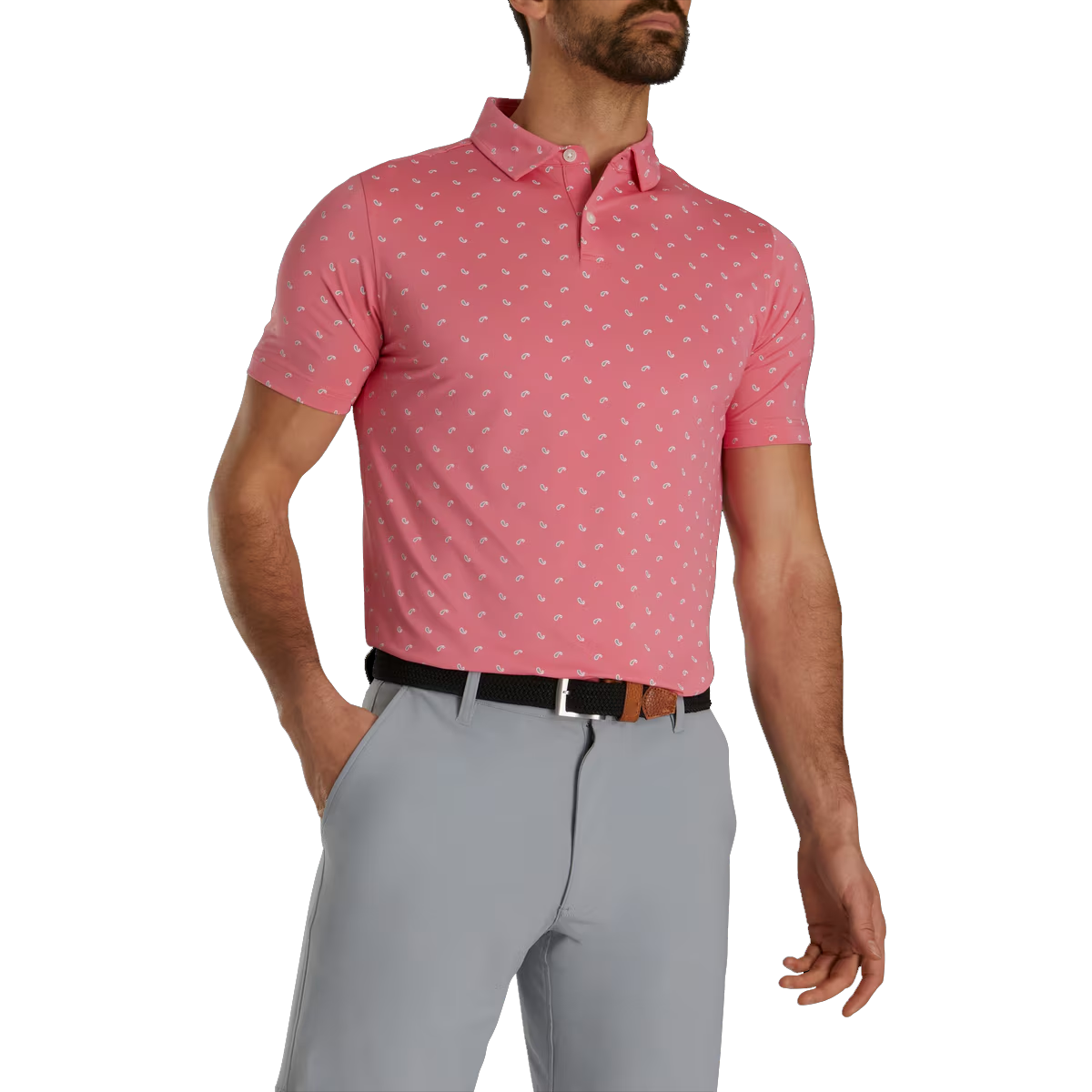 Men's pink golf polo shirt with cucumber patterns