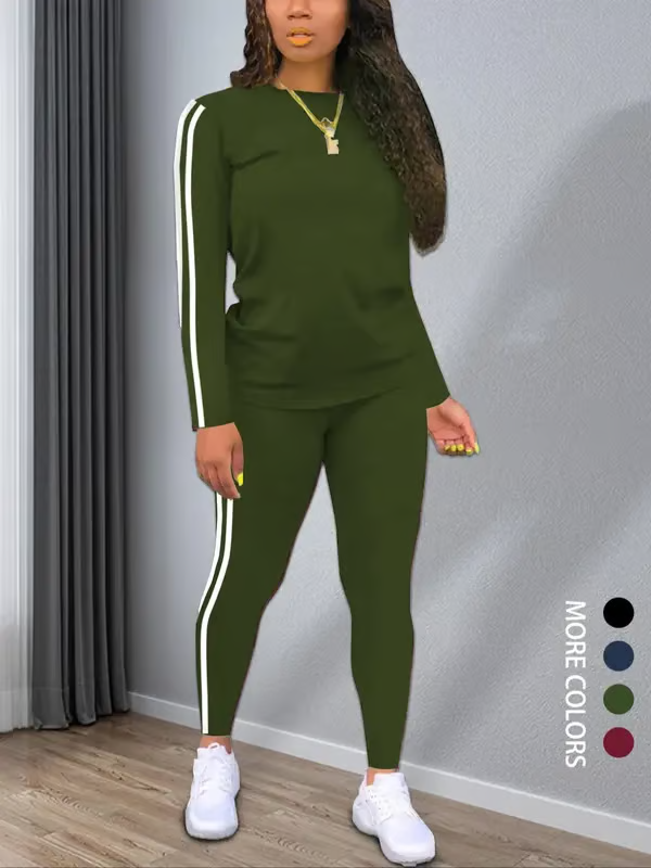 Women's Striped Print Long Sleeve Top & Pants Two-piece Set, Casual Fashion Cozy Round Neck Top & Trousers for Daily Outdoor Wear, Ladies Clothes