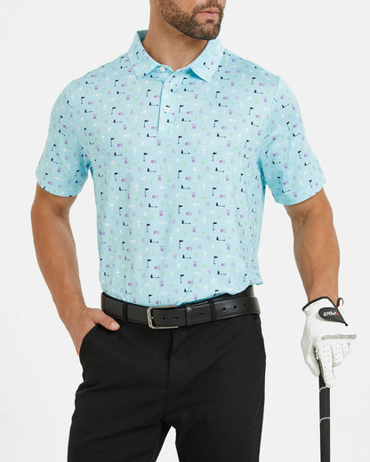 Men's blue polo shirt with golf element prints