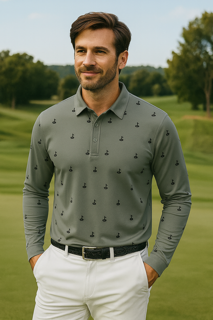 Men's Golf Flag Print Long-Sleeve Performance Polo Shirt