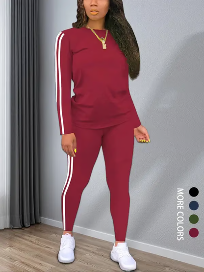 Women's Striped Print Long Sleeve Top & Pants Two-piece Set, Casual Fashion Cozy Round Neck Top & Trousers for Daily Outdoor Wear, Ladies Clothes