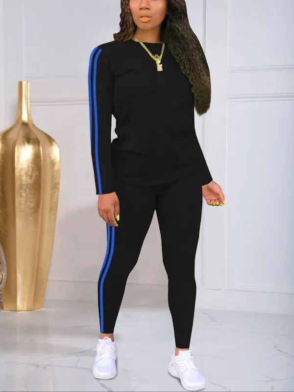 Women's Striped Print Long Sleeve Top & Pants Two-piece Set, Casual Fashion Cozy Round Neck Top & Trousers for Daily Outdoor Wear, Ladies Clothes