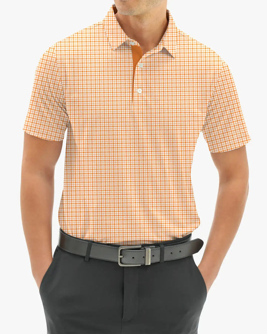 Men's orange checked patterned golf polo shirt