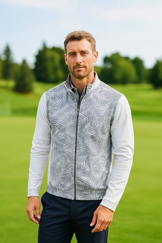 Men's Grey Palm Leaf Print Performance Golf Jacket