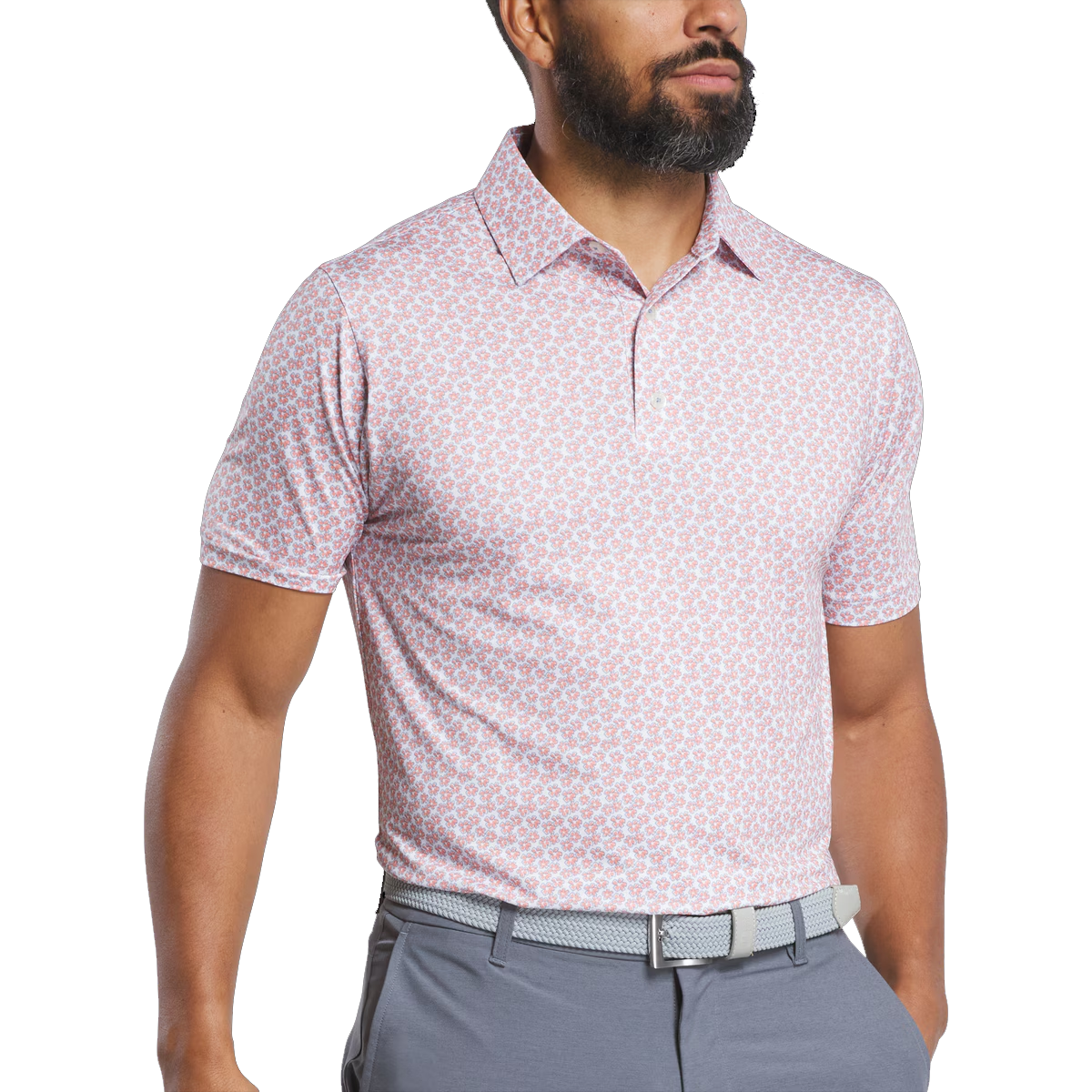 Men's pink floral golf polo shirt