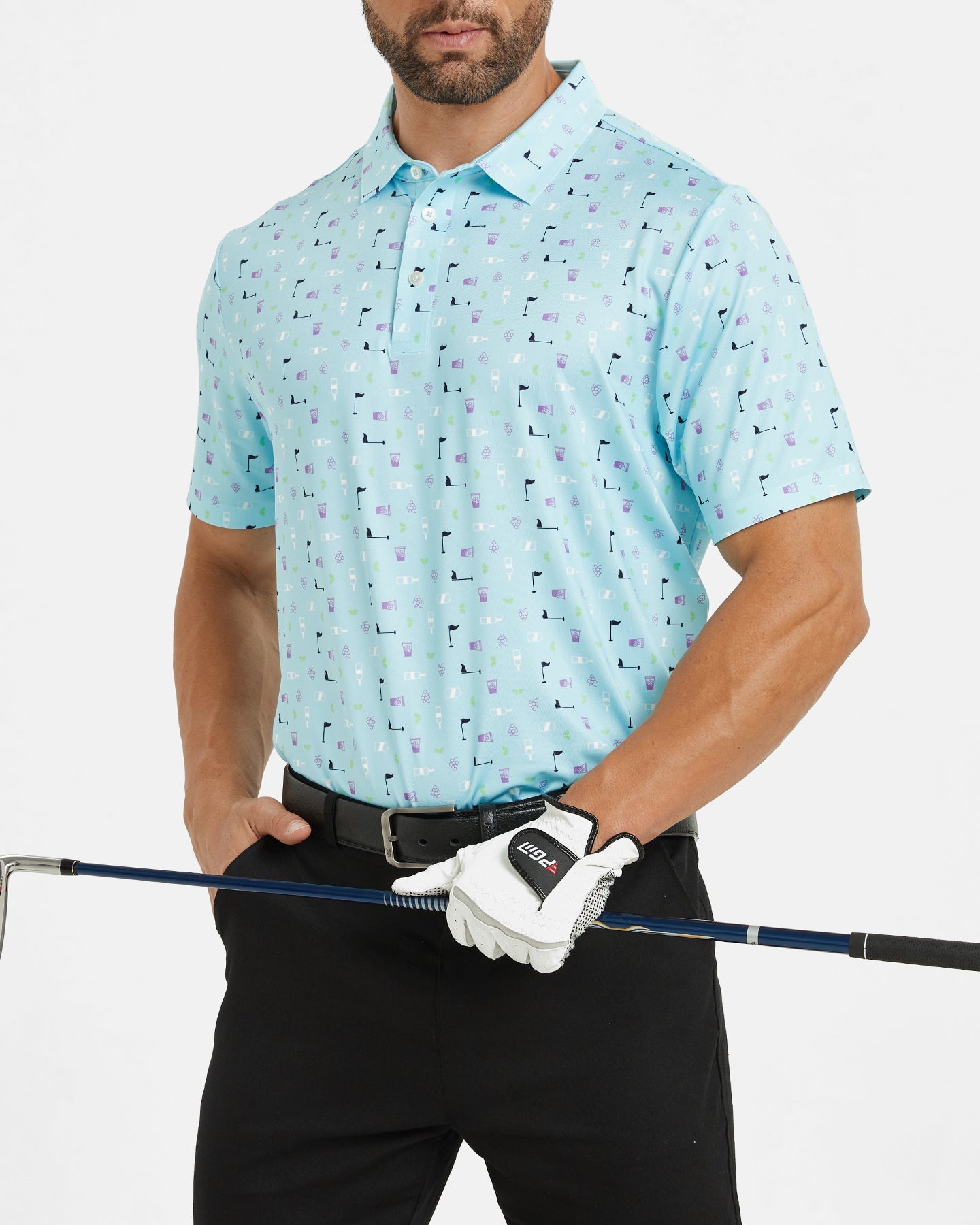 Men's blue polo shirt with golf element prints
