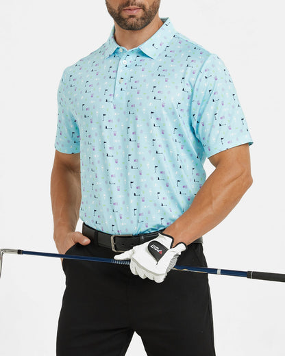 Men's blue polo shirt with golf element prints
