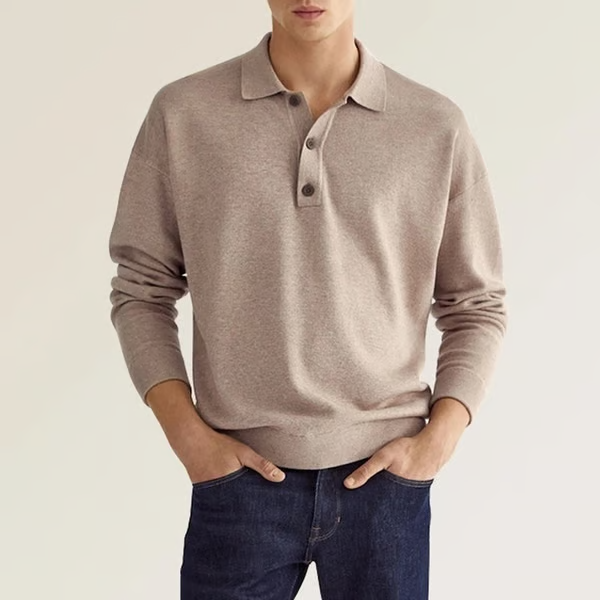 Men's Light Grey Long-Sleeve Polo Sweater