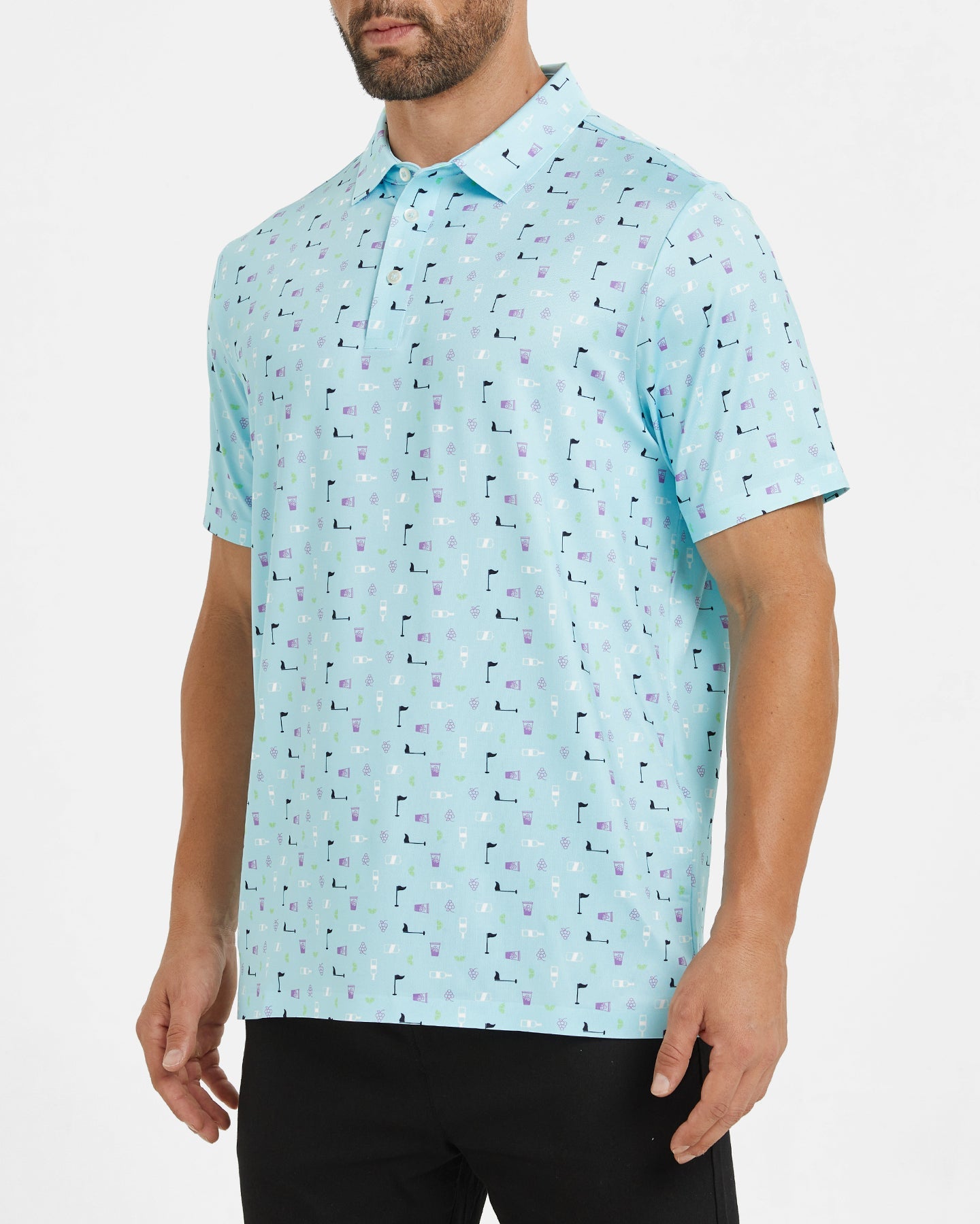 Men's blue polo shirt with golf element prints