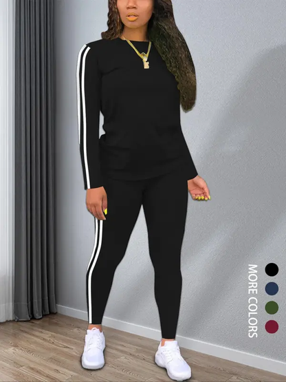 Women's Striped Print Long Sleeve Top & Pants Two-piece Set, Casual Fashion Cozy Round Neck Top & Trousers for Daily Outdoor Wear, Ladies Clothes