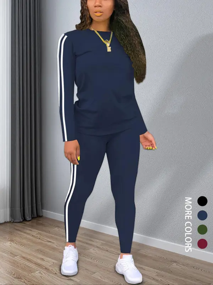 Women's Striped Print Long Sleeve Top & Pants Two-piece Set, Casual Fashion Cozy Round Neck Top & Trousers for Daily Outdoor Wear, Ladies Clothes