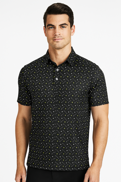Antimicrobial Golf Polo Shirt - Quick Dry Slim Fit with Golf Equipment Patterns