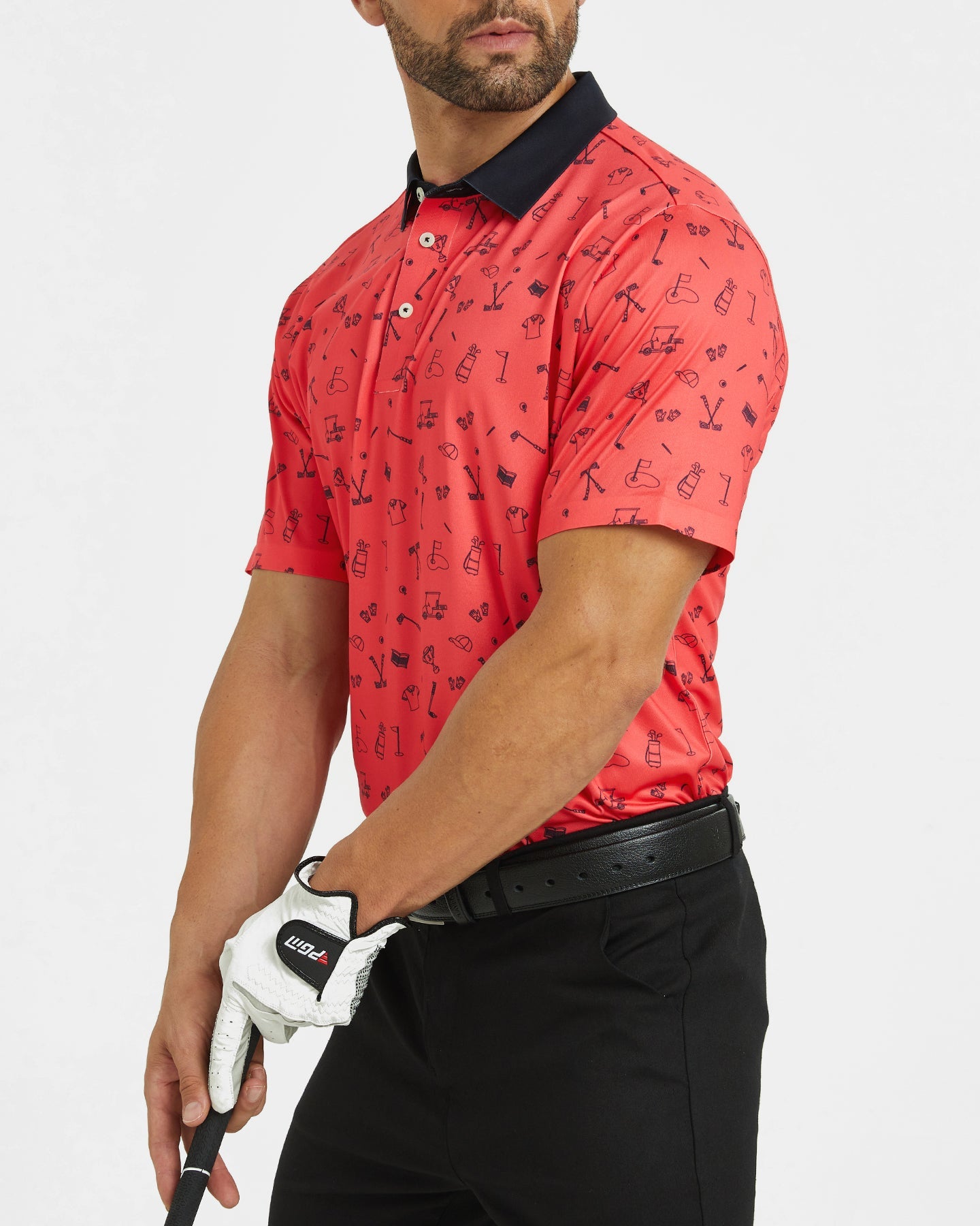 Men's red polo shirt with golf element prints