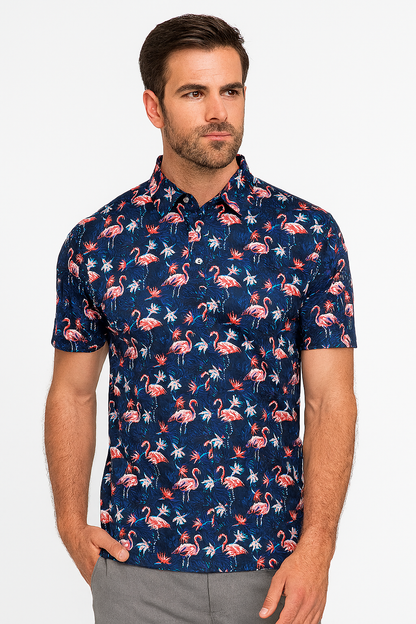 Tropical Flamingo Polo Shirt - Antimicrobial Quick Dry Slim Fit with Floral Pattern Design