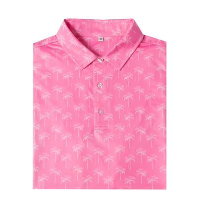 Pink coconut tree print Antimicrobial quick dry slim fit polo shirt