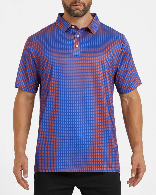 Men's purple square-patterned golf polo shirt