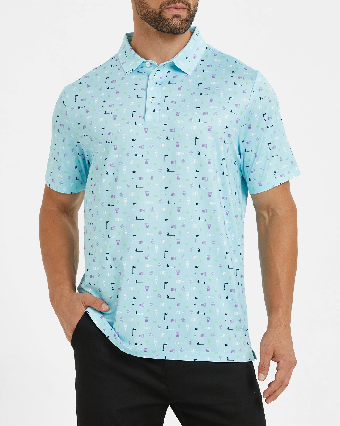 Men's blue polo shirt with golf element prints