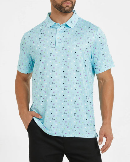 Men's blue polo shirt with golf element prints