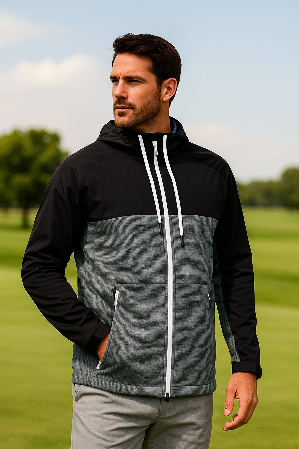Men's Black & Grey Hybrid Performance Golf Hoodie Jacket