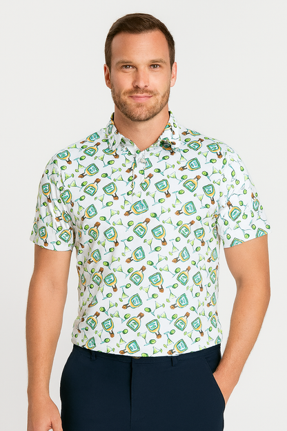 Tequila Drinkware Polo Shirt - Antimicrobial Quick Dry Slim Fit with Themed Pattern