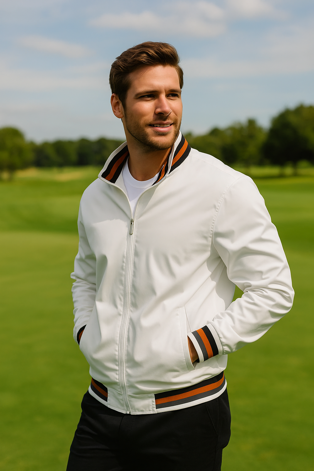 Men's White Retro-Stripe Performance Golf Jacket