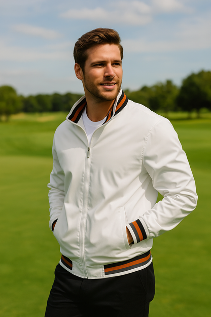 Men's White Retro-Stripe Performance Golf Jacket