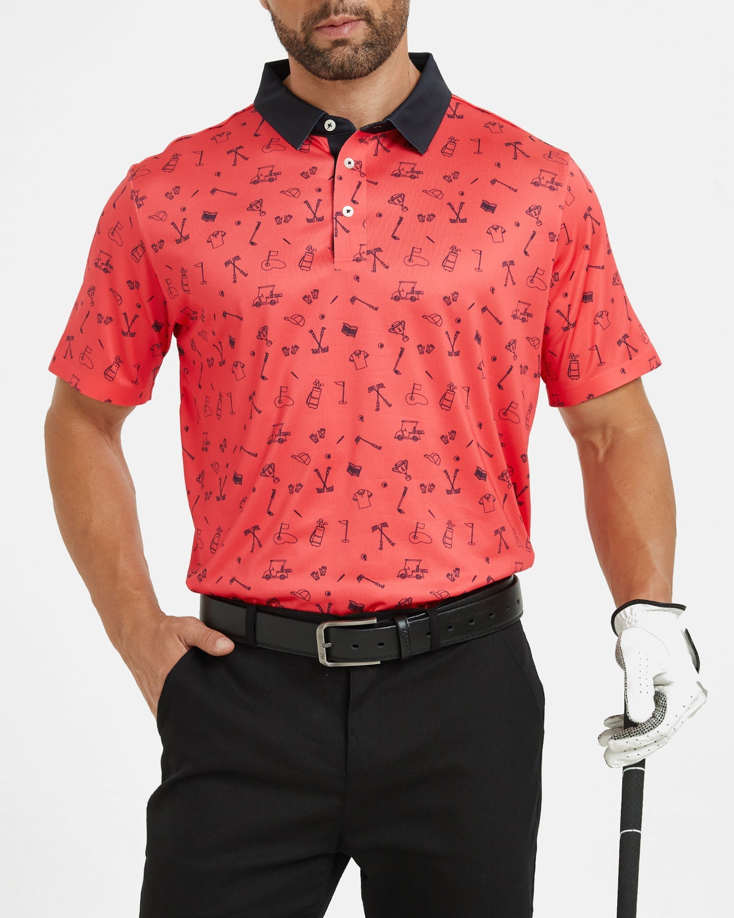 Men's red polo shirt with golf element prints