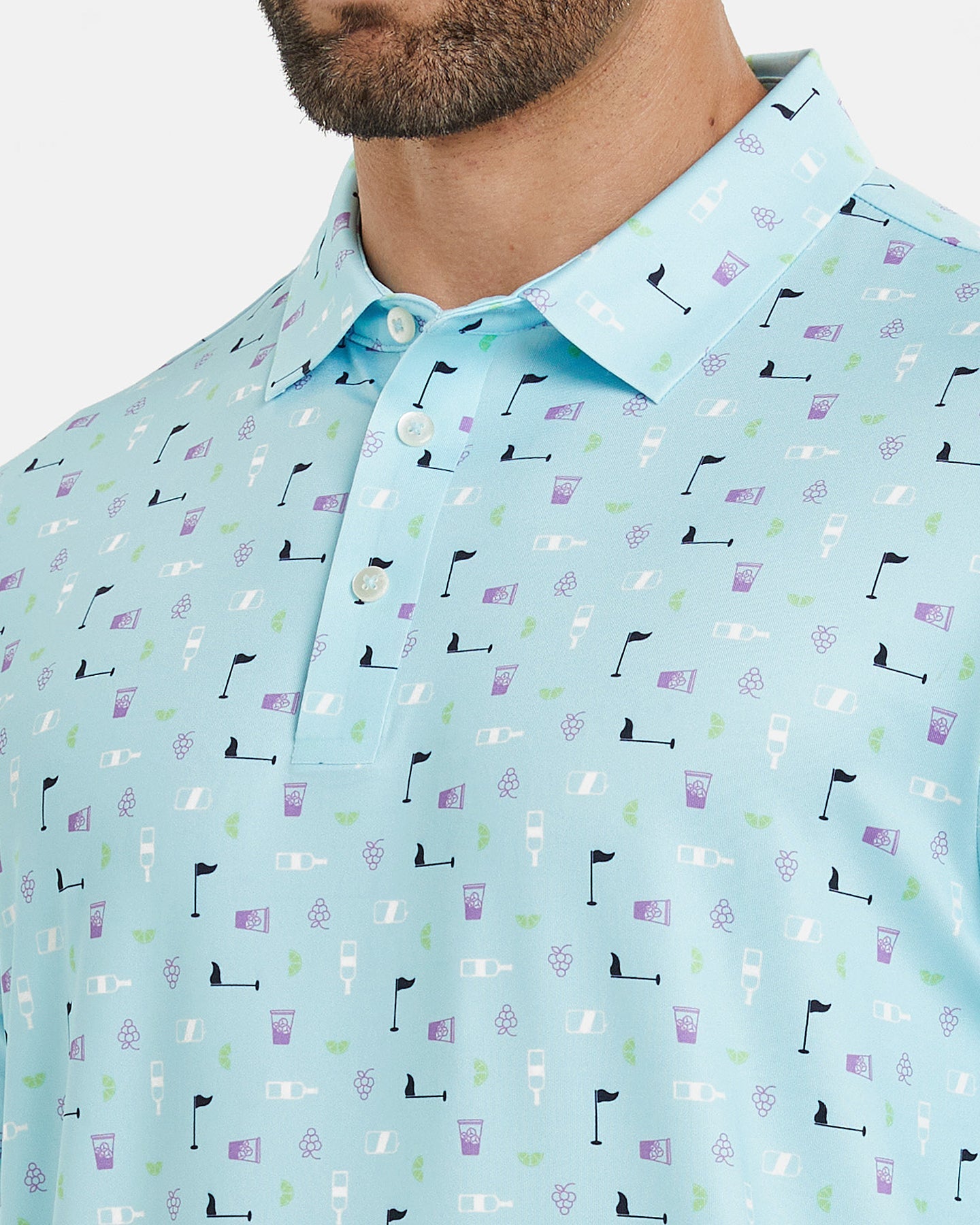 Men's blue polo shirt with golf element prints