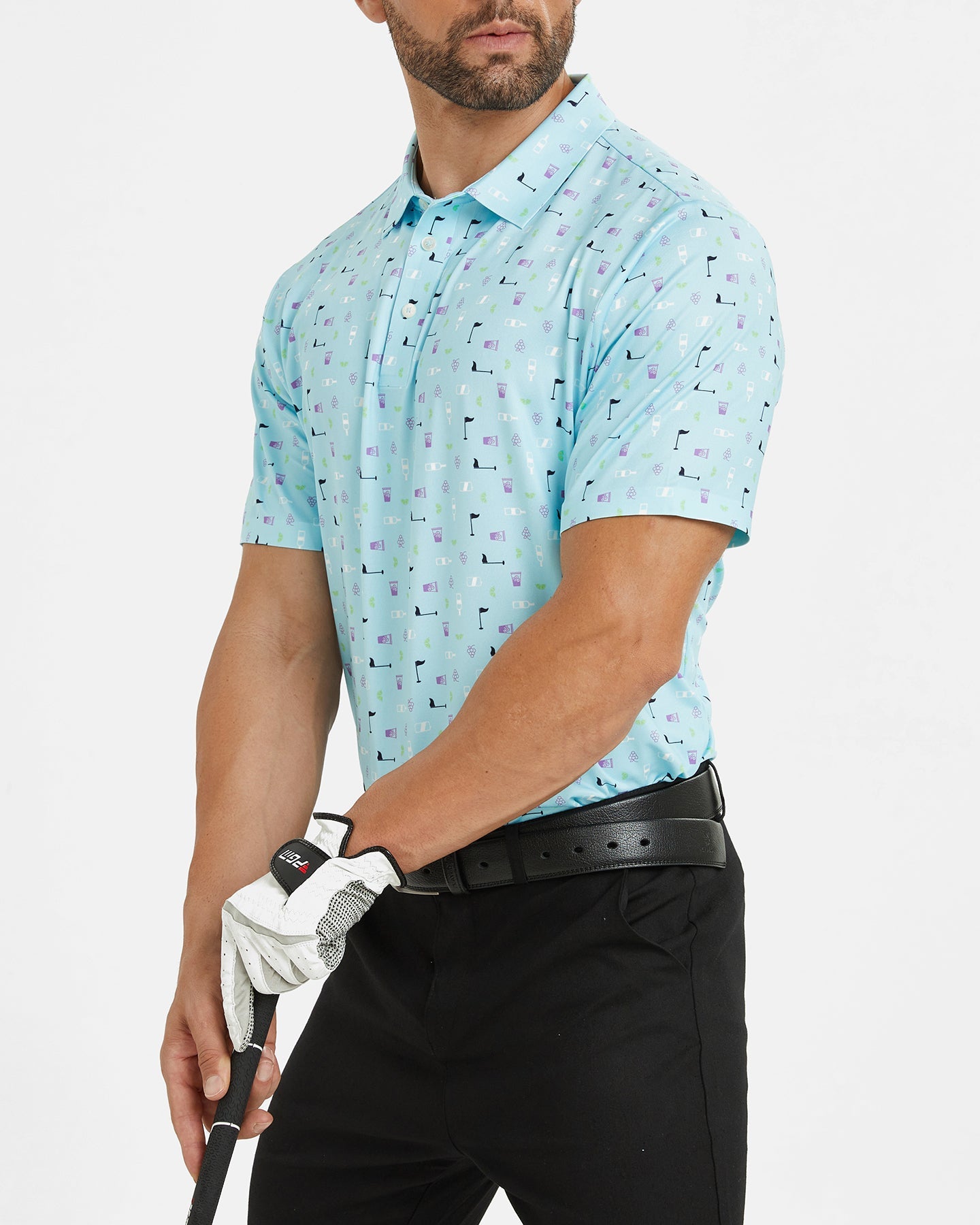 Men's blue polo shirt with golf element prints