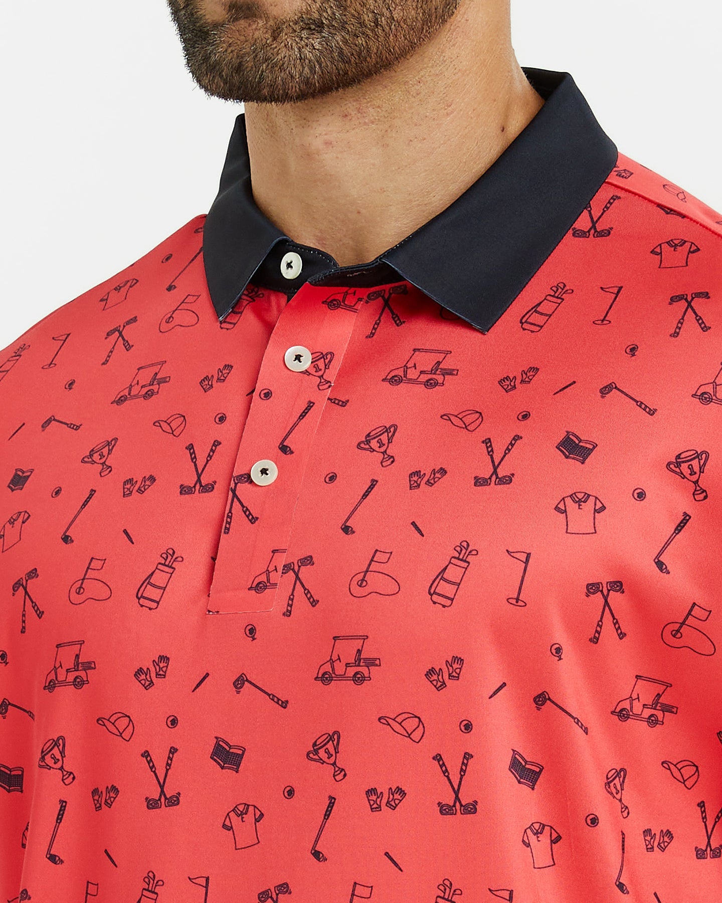 Men's red polo shirt with golf element prints